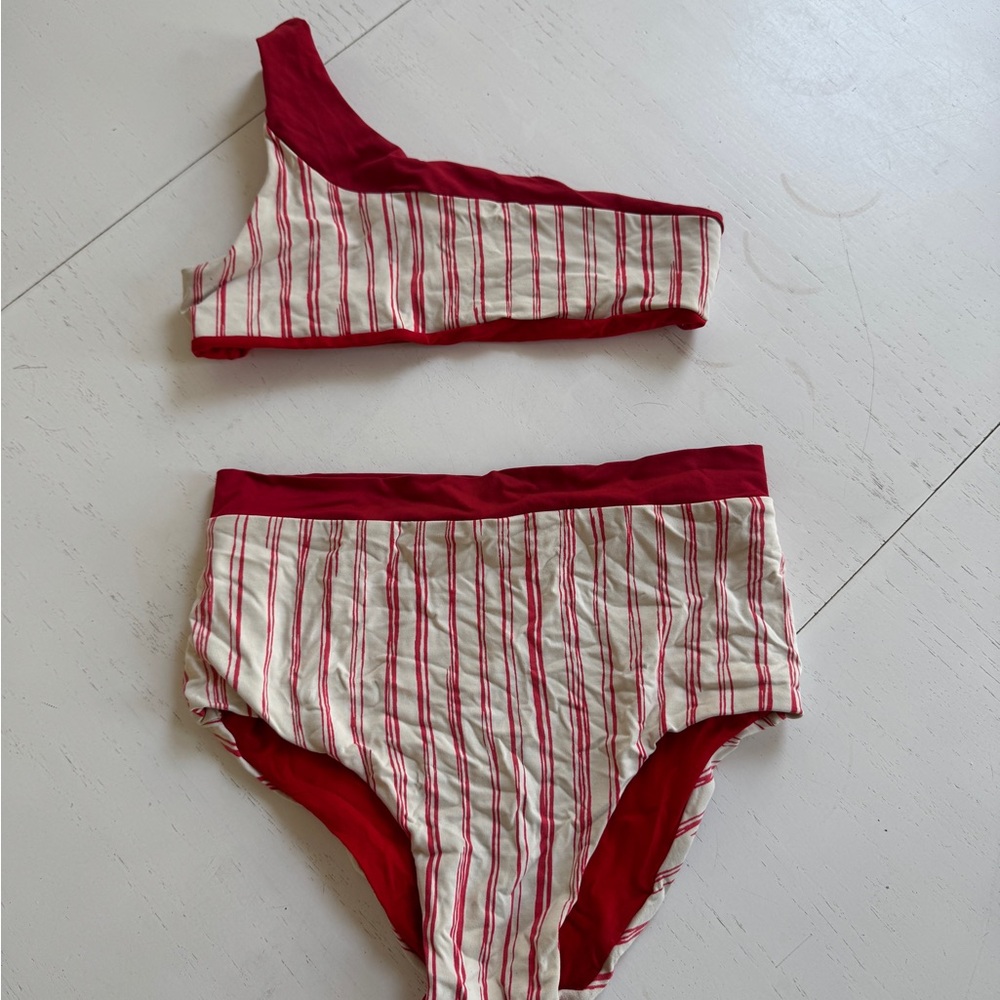 Little Creative Factory Red and White Stripe One Shoulder Bamboo Bikini 12 years